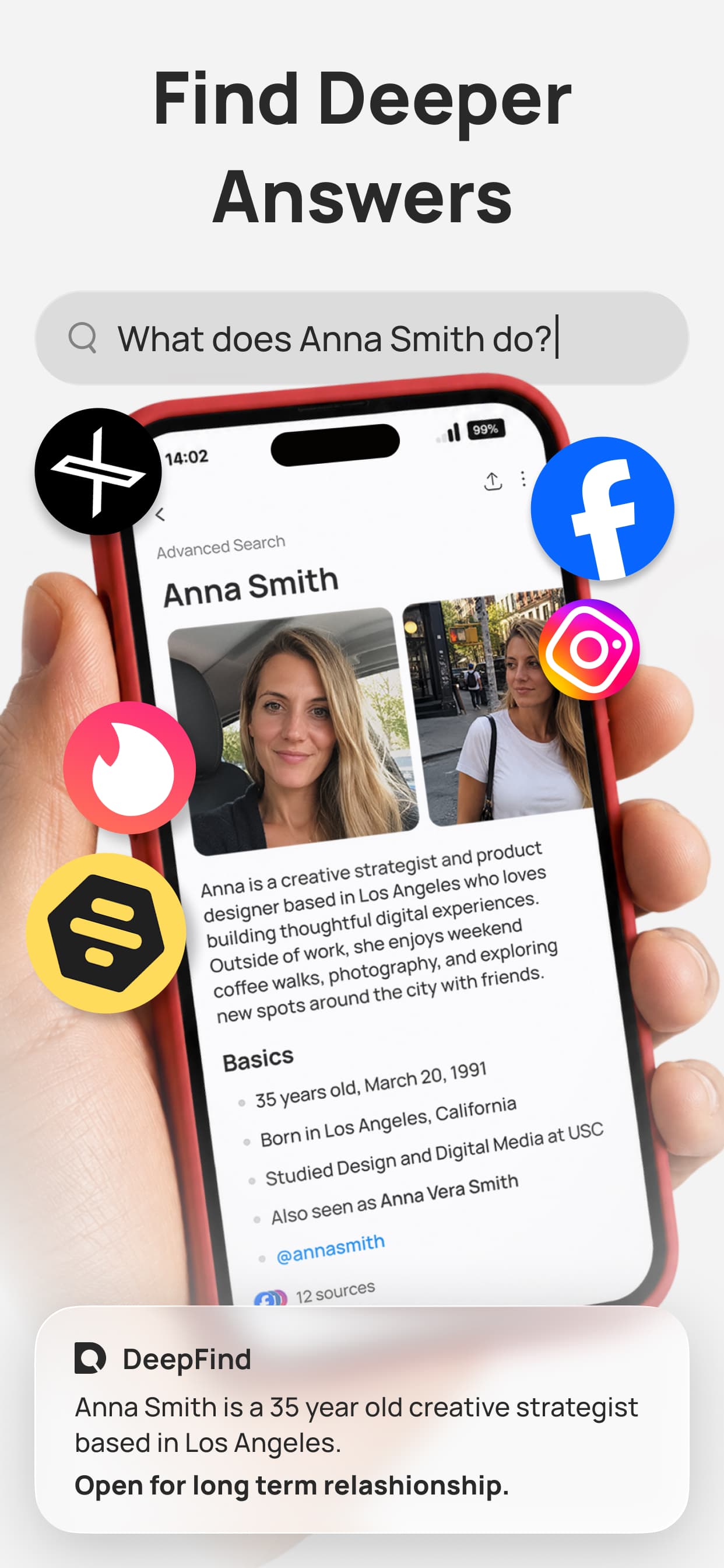 DeepFind iPhone search result held in a hand with social app icons around it