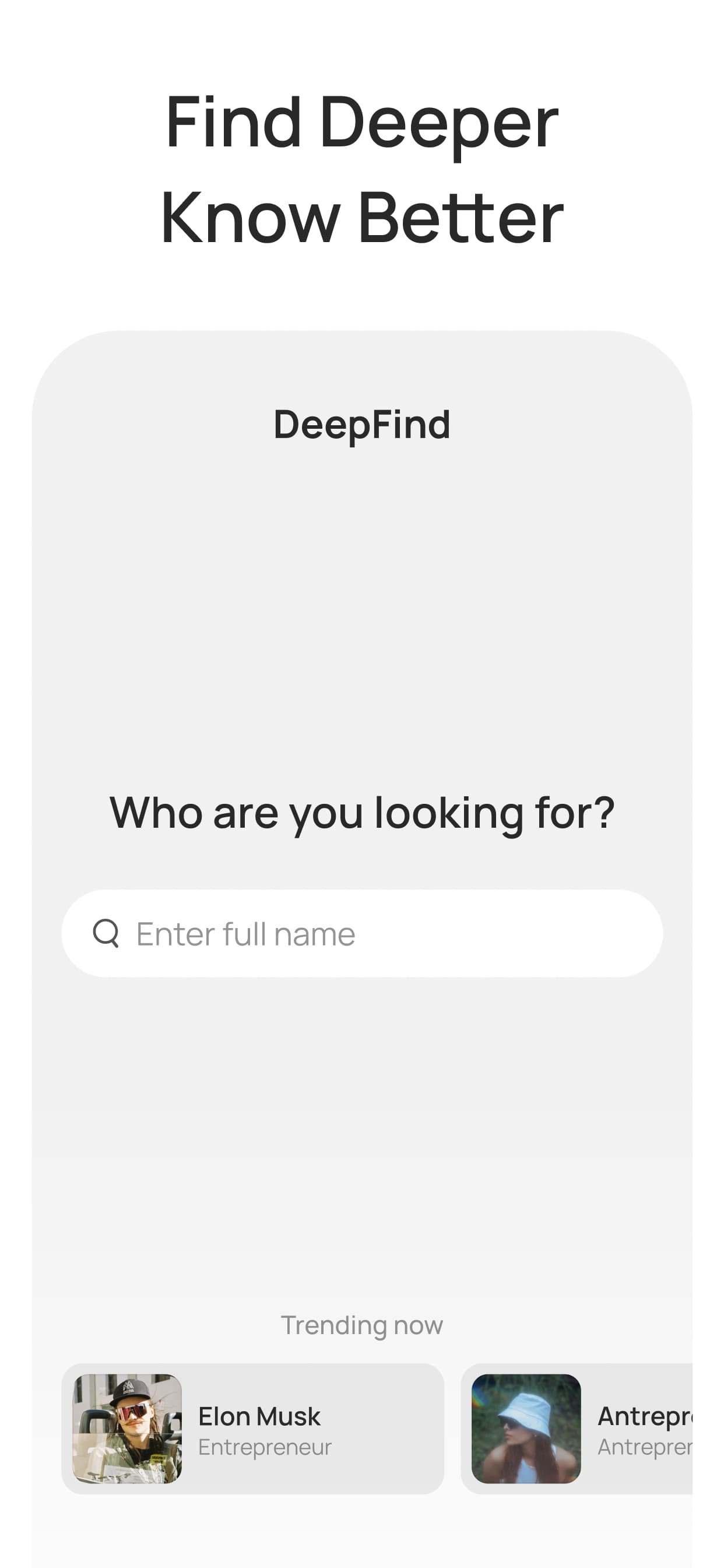 DeepFind search screen with a name search field